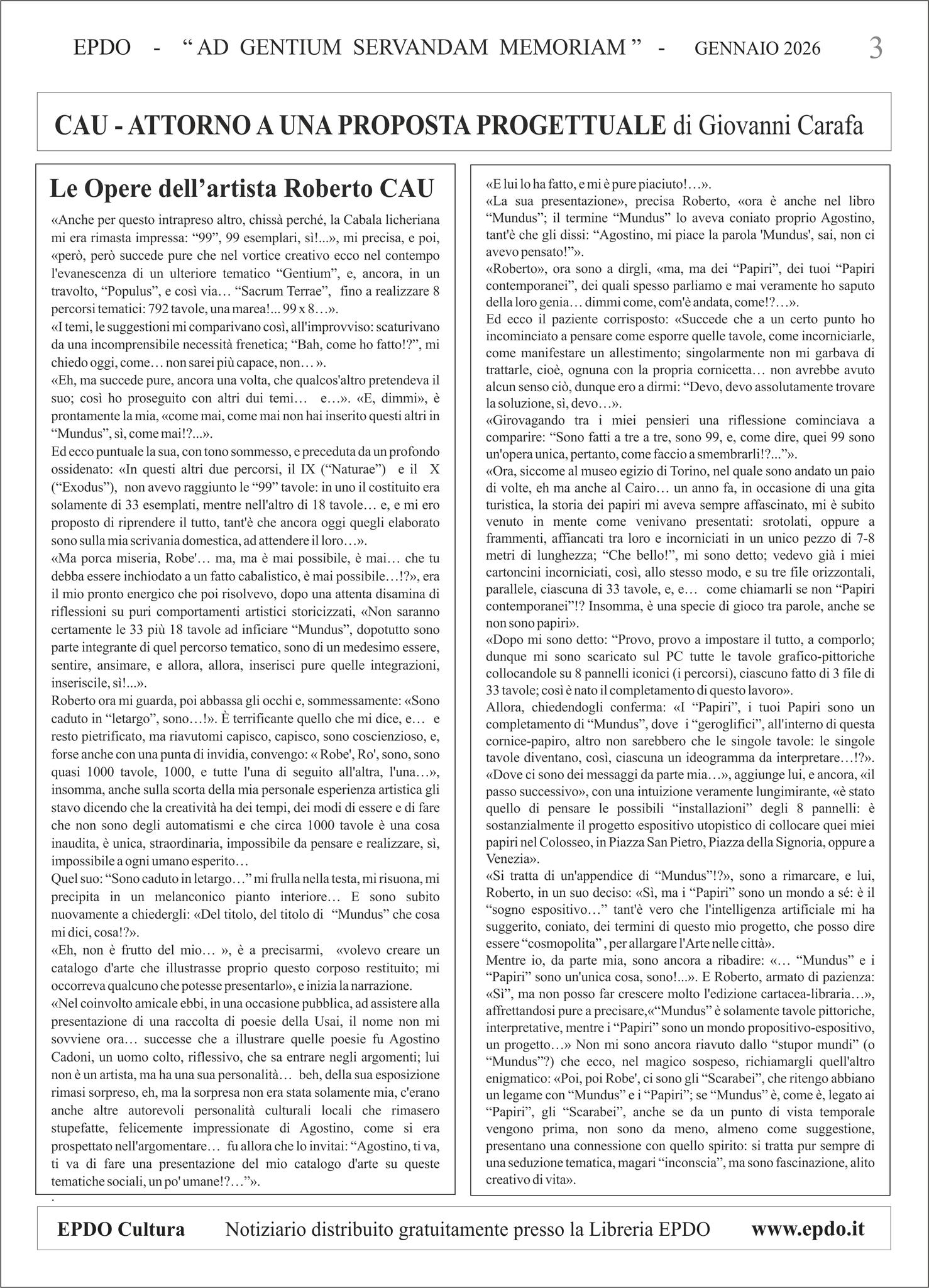 Notiziario Culturale EPDO Roberto CAU